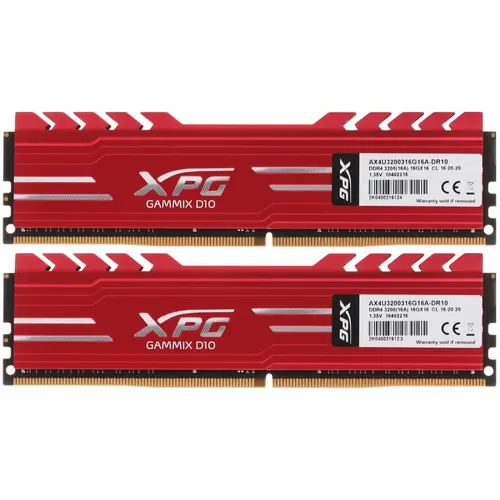 Модуль памяти ADATA 32GB DDR4 3200 DIMM GAMMIX D10 Red Gaming Memory Non-ECC, CL16, 1.35V, 1024x8, Kit (2x16GB), RTL AX4U3200316G16A-DR10 AX4U3200316G16A-DR10