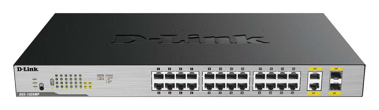 Коммутатор D-Link L2 Unmanaged Switch with 24 10/100/1000Base-T ports and 2 100/1000Base-T SFP combo-ports (24 PoE ports 802.3af/802.3at (30 W), PoE Budget 370) DGS-1026MP/B1A DGS-1026MP/B1A