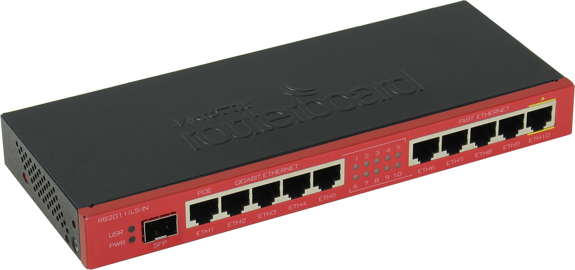 Маршрутизатор Mikrotik  Desktop metal case, 5xEthernet, 5xGigabit Ethernet, SFP cage, PoE out on port 10, 600MHz CPU, 64MB RAM, RouterOS L4 RB2011iLS-IN RB2011iLS-IN