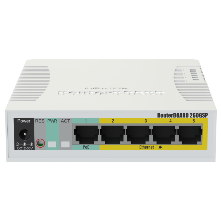 Коммутатор PoE Mikrotik RB260GSP with 5 Gigabit ports and SFP cage, SwOS, plastic case, PSU, POE-OUT CSS106-1G-4P-1S CSS106-1G-4P-1S/RB260GSP