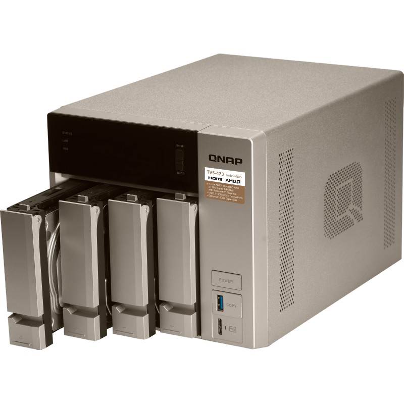 Сетевой RAID-накопитель QNAP 4 отсека для HDD, 2 слота M.2 SSD, 2 HDMI-порта. AMD RX-421BD 2,1 ГГц (до 3,4 ГГц ), 8 ГБ DDR4. TVS-473-8G TVS-473-8G