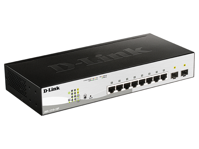 Коммутатор D-Link  L2 Smart Switch with 8 10/100/1000Base-T ports and 2 100/1000Base-X SFP PoE DGS-1210-10P/F1A DGS-1210-10P/F1A