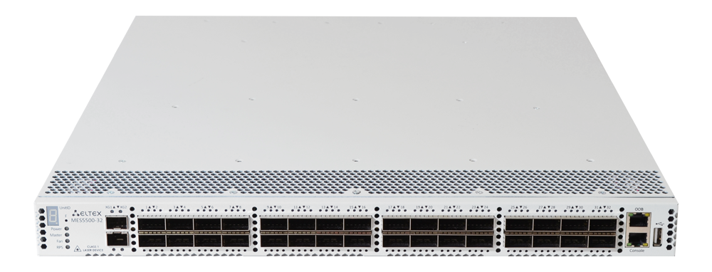 Коммутатор Eltex  1x10/100/1000BASE-T (OOB), 2x10GBASE-R (SFP+), 32 x 40GBASE-R (QSFP+)/100GBASE-R (QSFP28), 1xUSB 2.0, коммутатор L3 MES5500-32 MES5500-32