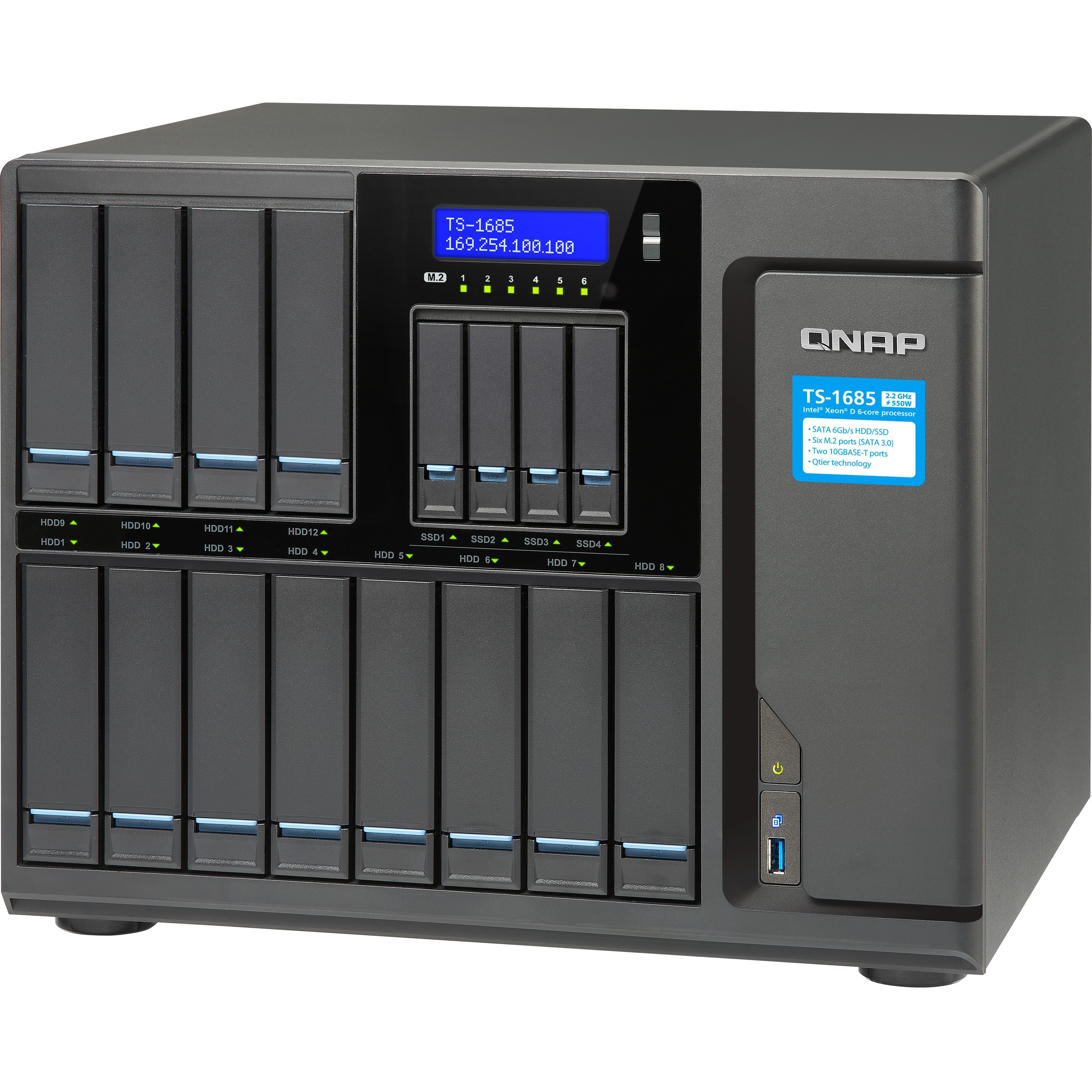 Сетевой RAID-накопитель QNAP 12x3,5", 4x2,5", 6 портов M.2, 2 порта 10 GbE BASE-T. Intel Xeon D-1531 2,2 ГГц, 64 ГБ ECC DDR4 TS-1685-D1531-64GR TS-1685-D1531-64GR
