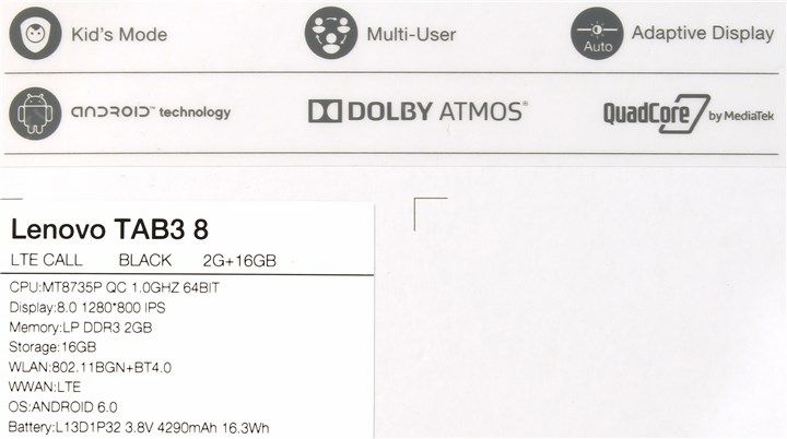Планшетный компьютер Lenovo Tab 3 TB3-850M 8.0'' WXGA(1280x800) IPS/MediaTek MT8735M 1.0GHz Quad/2GB/16GB/3G+LTE/GPS/WiFi n/BT4.0/microUSB/2.0MP+5.0MP/microSD/2 SIM/4290mAh/8.0h/330g/A6.0/1Y/BLACK ZA180059RU #7