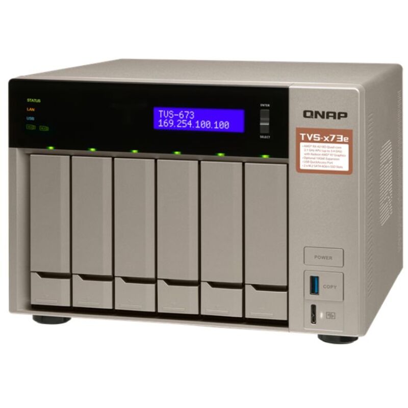 Сетевой RAID-накопитель QNAP 6-tray w/o HDD, 2xM.2 SSD Slot, 2xHDMI-port. Quad-сore AMD quad-core 2.1 GHz up to 3.4 GHz , 8GB DDR4 (2 x 4GB) up to 64GB (4 x 16GB), 4x Gigabit LAN TVS-673e-8G TVS-673e-8G