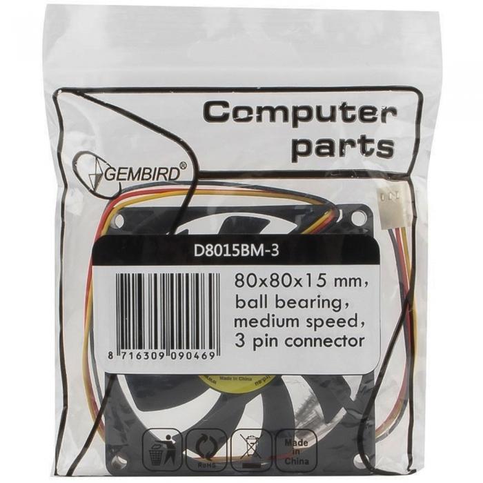 Вентилятор Gembird 80 x 80 мм, 3-pin, 2600 об/мин - 2600 об/мин, 42.64 дБ - 42.64 дБ D8015BM-3 D8015BM-3