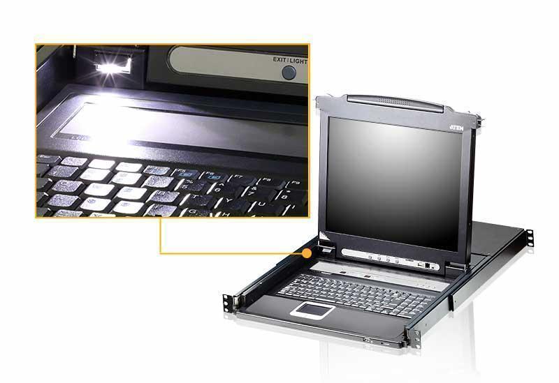 Переключатель KVM ATEN  8-ми портовый, 19'', с 17'' LCD; 1280x1024 и клавиатурой, 2 пользователя, с KVM-шнурами PS2 1х1.8м, USB 1x1.8м, OSD, каскад 256, с подсветкой (CL5708M-ATA-RG) CL5708M-ATA-RG