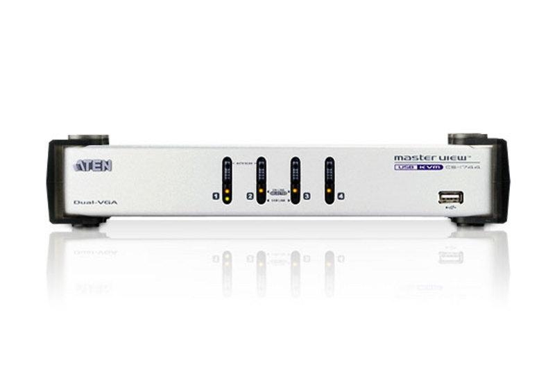 KVM переключатель ATEN VGA/SVGA+KBD+MOUSE+AUDIO, 1> 4 порта USB, 2 VGA, c KVM-шнурами USB 4х1.8м.+MINIJACK 4х1.8м CS1744C-AT CS1744C-AT