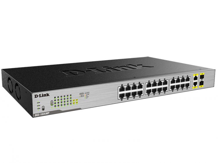 Коммутатор D-Link L2 Unmanaged Switch with 24 10/100/1000Base-T ports and 2 100/1000Base-T SFP combo-ports (24 PoE ports 802.3af/802.3at (30 W), PoE Budget 370) DGS-1026MP/A1A DGS-1026MP/A1A