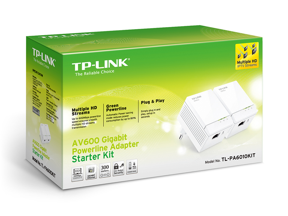 Адаптер TP-Link AV600, 600 Мбит/с Powerline, 1 Gigabit Ethernet, 2 устройства в комплекте TL-PA6010KIT TL-PA6010KIT