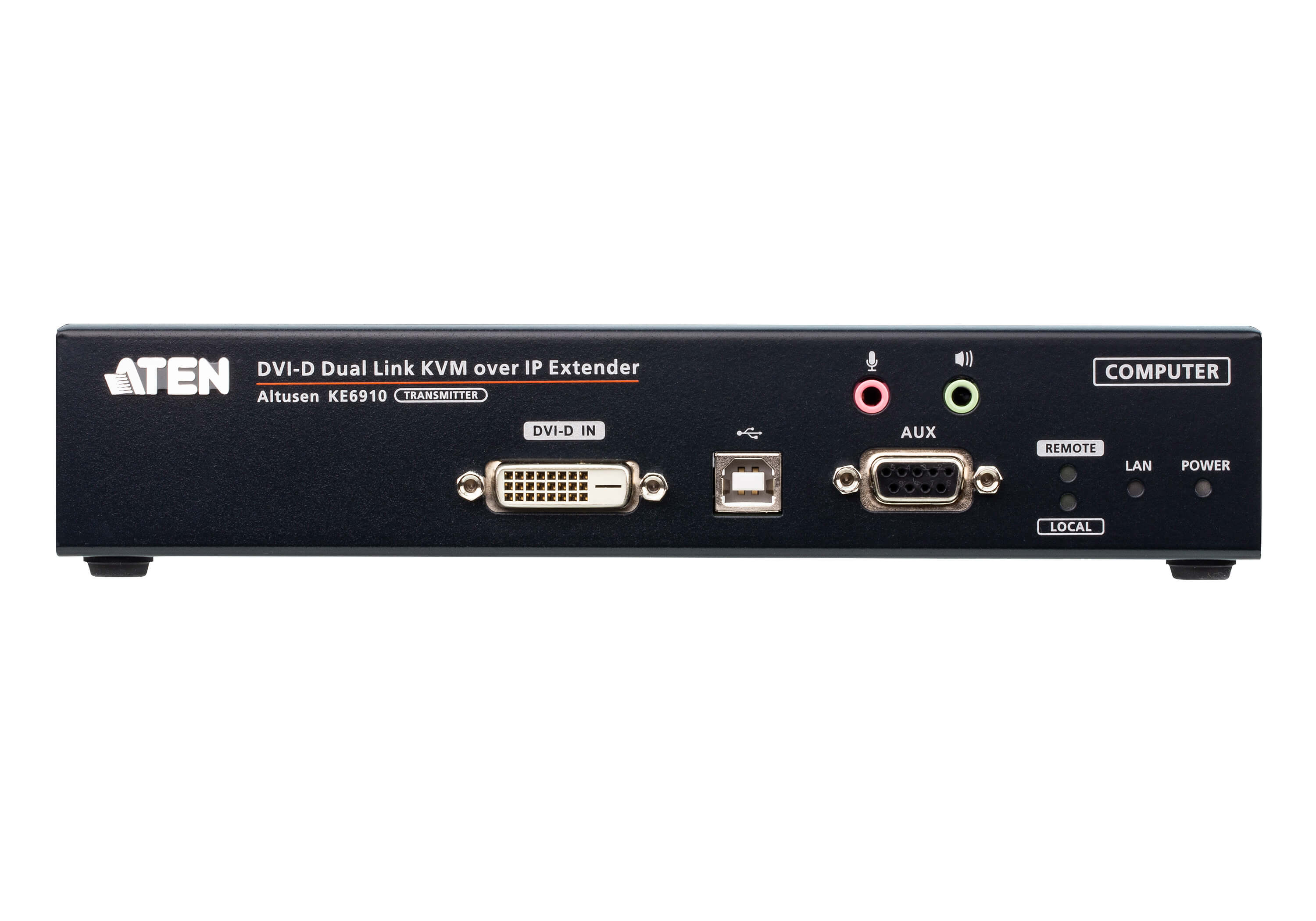 Удлинитель-передатчик ATEN KVM USB DVI-D+AUDIO+RS232, 100м, UTP/10км, SM точка-точка/неогранич, в пределах LAN, 1xUTP/2xОптич,волокна SFP(LC);GbE (TCP/IP;IGMP), 2x(2xDVI-D+USB A-тип+2xMINIJACK+DB9)+USB B-тип,,, 2xDC 5V, (макс,разр,2560x2048) KE6910T- KE6910T-AX-G