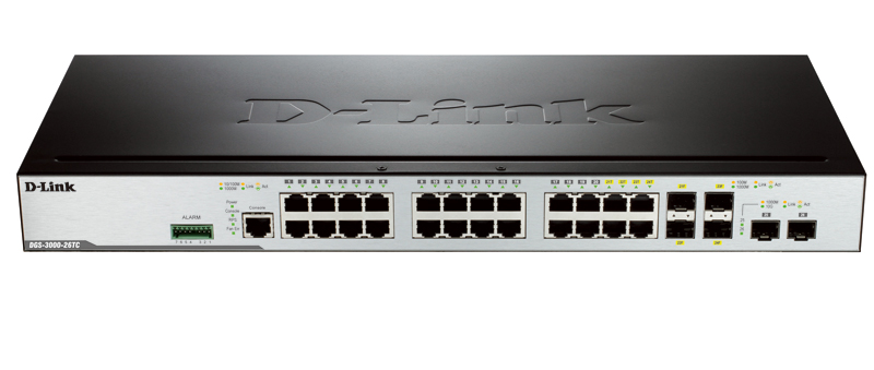 Коммутатор D-Link  L2 Managed Switch with 20 100/1000Base-X SFP ports and 4 100/1000Base-T/SFP combo-ports and 2 10GBase-X SFP+ ports. DGS-3000-26TC/A2A DGS-3000-26TC/A2A
