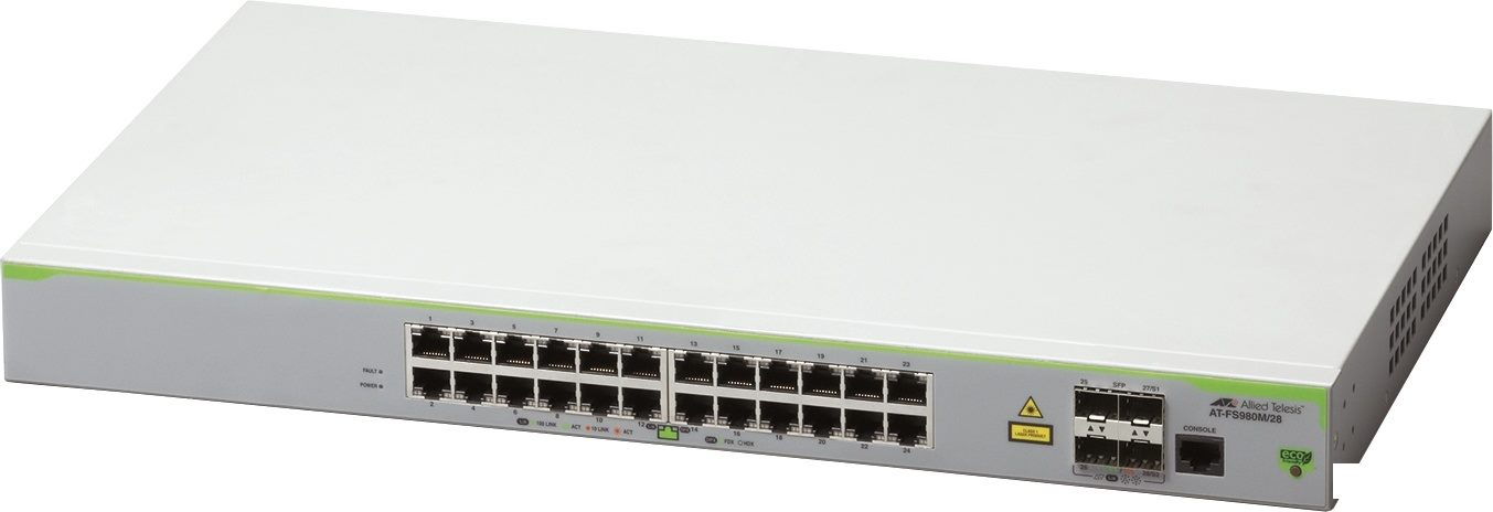 Коммутатор Allied Telesis 24*10/100T, 4*100/1000X SFP (2 for Stacking), Fixed AC power supply, EU Power Cord AT-FS980M/28-50 AT-FS980M/28-50