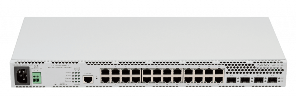 Коммутатор Eltex уровня L2, 24 порта 10/100/1000 Base-T, 4 порта 1000Base-X(SFP)/10G Base-R(SFP+), консольный порт RS-232 (RJ-45)  MES2424B MES2424B