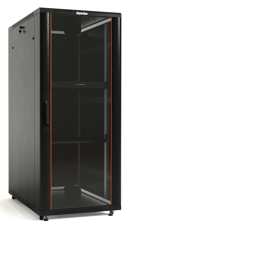 Hyperline TTB-2268-AS-RAL9004 Шкаф напольный 19-дюймовый, 22U, 1166x600х800 мм (ВхШхГ), передняя стеклянная дверь со стальными перфорированными боковинами, задняя дверь сплошная, ручка с замком, крыша нового типа, цвет черный (RAL 9004) (разобранный) TTB-2268-AS-RAL9004