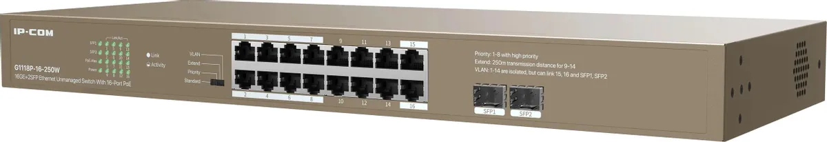 Коммутатор IP-COM G1118P 16GE+2SFP Неуправляемый Ethernet-коммутатор Switch 16-Port PoE G1118P-16-250W G1118P-16-250W