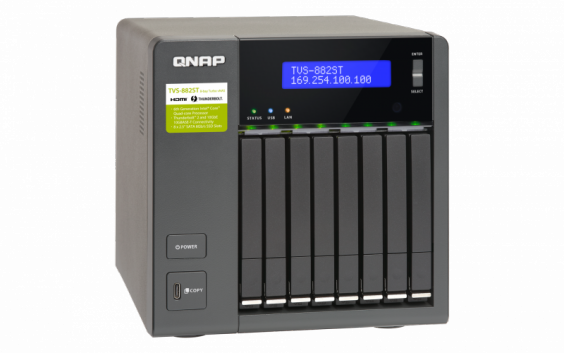 Сетевой RAID-накопитель QNAP 8x2,5", HDMI, 2x10 GbE BASE-T, 2 порта Thunderbolt 2, 2 порта USB 3.1. Intel Core i5-6442EQ 1,9 ГГц, 8 ГБ TVS-882ST2-i5-8G TVS-882ST2-i5-8G