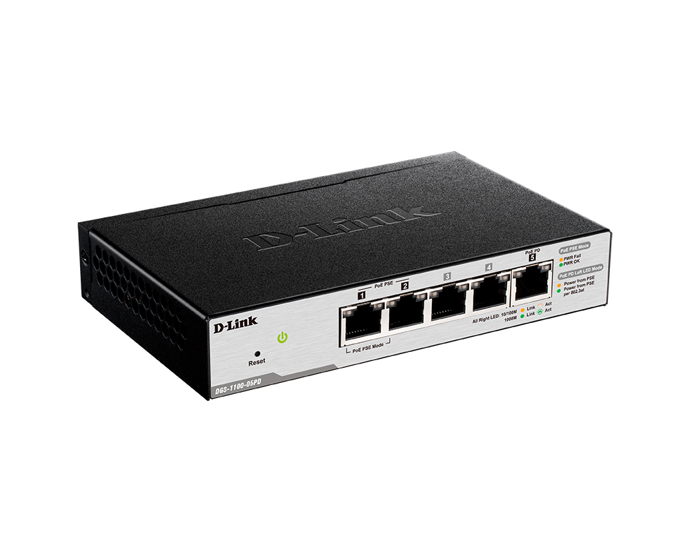 Коммутатор D-Link L2 Smart Switch with 4 10/100/1000Base-T ports and 1 10/100/1000Base-T PD port(2 PoE ports 802.3af (15,4 W), PoE Budget 18W from 802.3at / 8W from 802.3af) DGS-1100-05PD/U DGS-1100-05PD/U