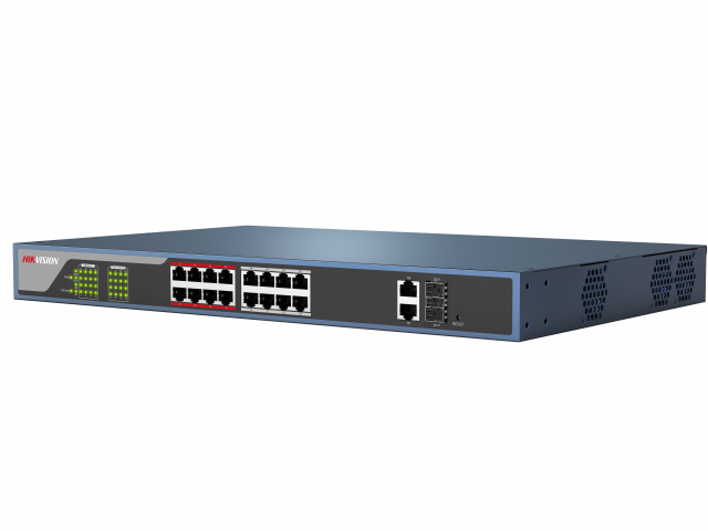 PoE коммутатор Hikvision DS-3E1318P-E 16 RJ45 100M с грозозащитой 4кВ, 1-8 порты с высоким приоритетом; 2 RJ45 1000M PoE; 2 1000М SFP порта DS-3E1318P-E DS-3E1318P-E