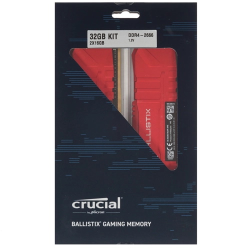 Модуль памяти Crucial  Ballistix Gaming DDR4 Общий объём памяти 32Гб Module capacity 16Гб Количество 2 2666 МГц Множитель частоты шины 15 1.35 В красный  BL2K16G26C16U4R BL2K16G26C16U4R