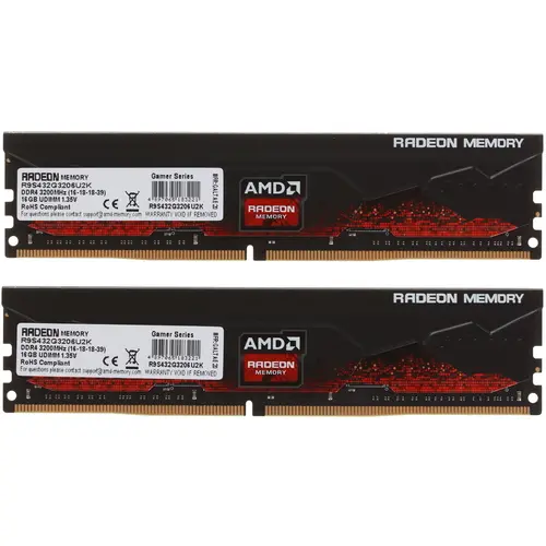 Модуль памяти AMD 32GB Radeon™ DDR4 3200 DIMM R9 Gamers Series Black Gaming Memory Non-ECC, CL16, 1.35V, Heat Shield, Kit (2x16GB), RTL (183221) R9S432G3206U2K R9S432G3206U2K