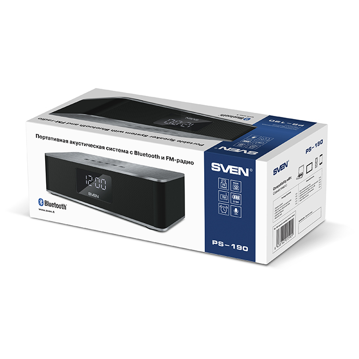 Портативная колонка Sven PS-190, черный-серебро, 2.0, мощность 2x5 Вт (RMS), Bluetooth, FM, USB, microSD, LED-дисплей, часы, будильник, встроенный аккумулятор) SV-015909 SV-015909