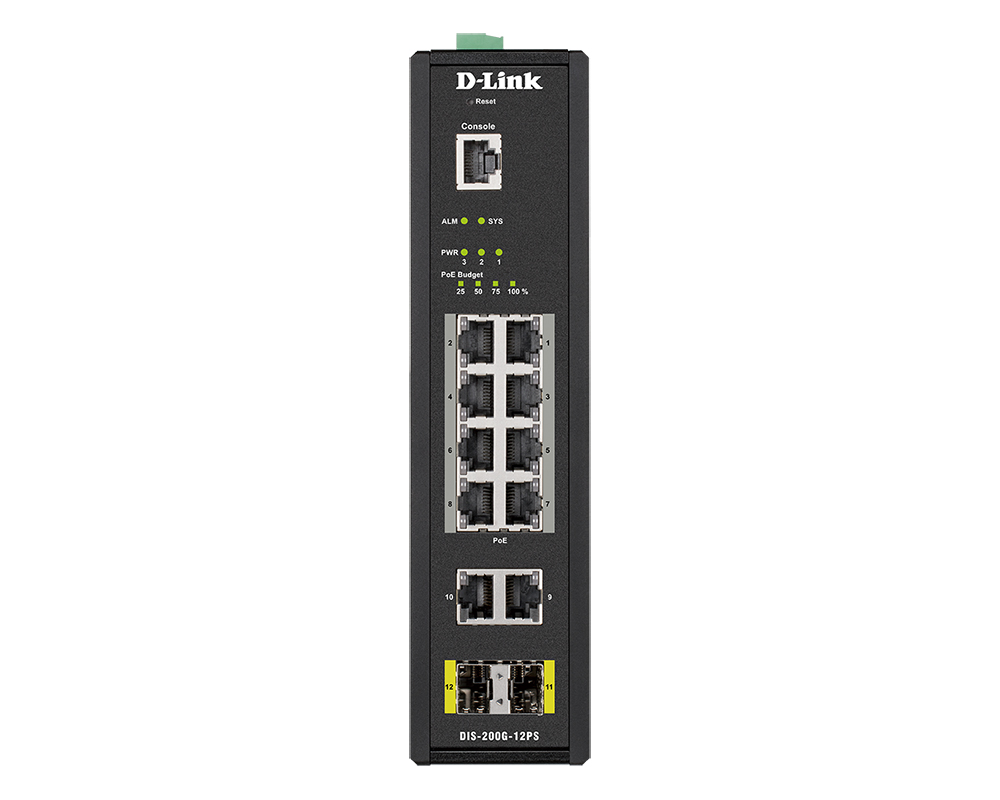 Коммутатор D-Link L2 Managed Industrial Switch with 10 10/100/1000Base-T and 2 1000Base-X SFP ports (8 PoE ports 802.3af/802.3at (30 W), PoE Budget 123 W) DIS-200G-12PS/A2A DIS-200G-12PS/A2A