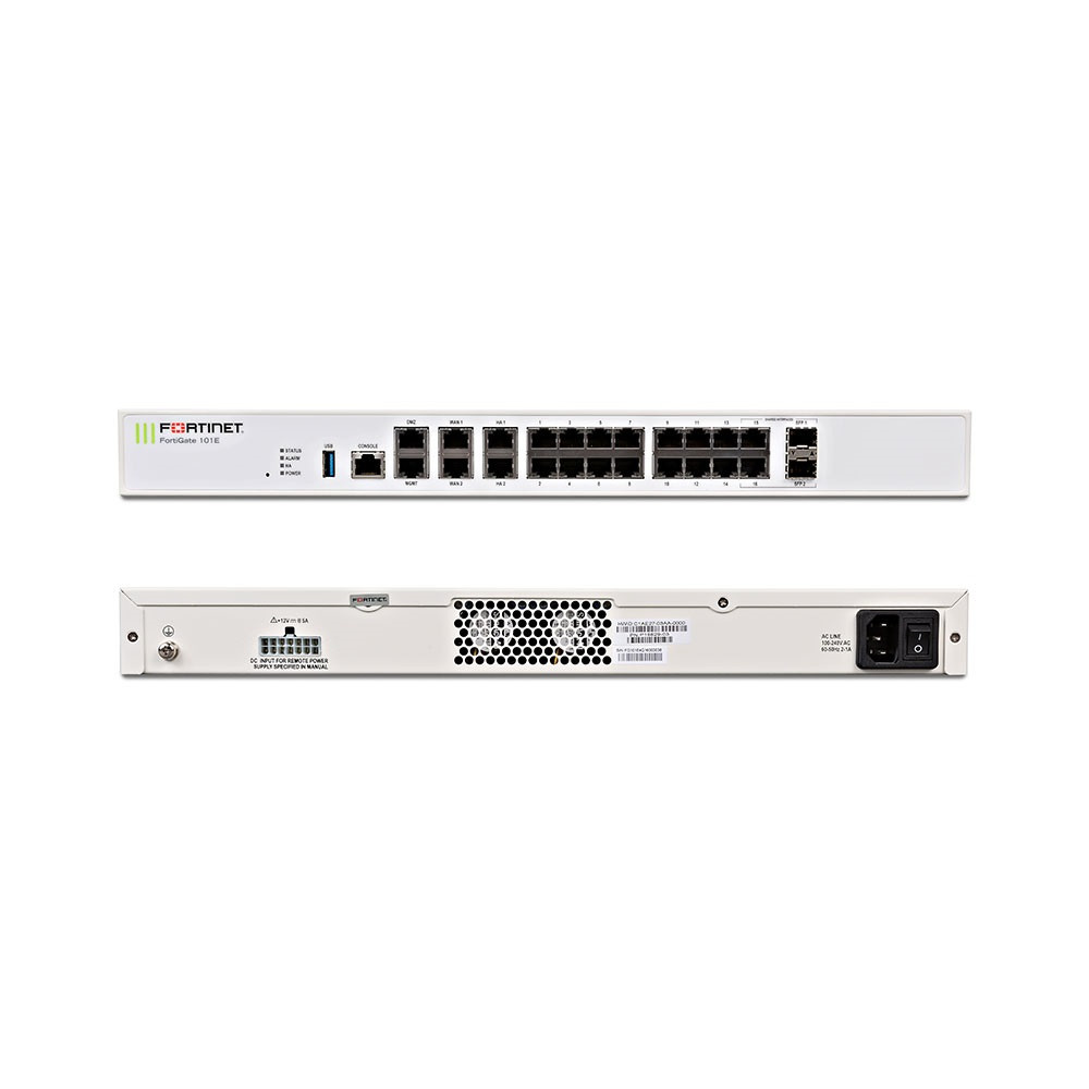 Межсетевой экран Fortinet FortiGate-101E 20 x GE RJ45 ports (including 2 x WAN ports, 1 x DMZ port, 1 x Mgmt port, 2 x HA ports, 14 x switch ports), 2 x Shared Media pairs (Including 2 x GE RJ45 ports, 2 x SFP slots) 480GB onboard storage. Max manage FG-101E