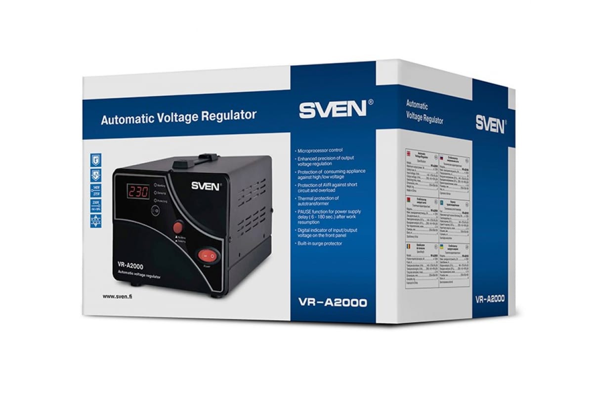 Автоматический стабилизатор напряжения Sven VR-A2000(1200Вт,Входное 140-275В, 2*CEE7/4розеток, Выходное 230В, черный металл. корпус) SV-014414 SV-014414