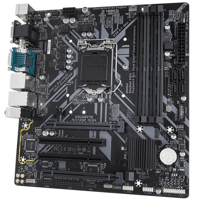Материнская плата Gigabyte H310M D3H, Socket 1151, Intel®H310, 4xDDR4-2666, D-SUB+DVI-D+HDMI+DP, 2xPCI-Ex16, 2xPCI, 4xSATA3, 1xM.2, 8 Ch Audio, GLan, (4+4)xUSB2.0, (2+2)xUSB3.1, COM, 1xPS/2, mATX, OEM H310M D3H OEM H310M D3H OEM