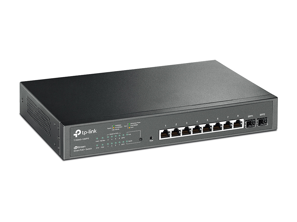 Коммутатор TP-Link настольный PoE Smart, 8*10/100/1000, 2 SFP, поддержка 802.3at/af, бюджет PoE до 116 Вт, сталь T1500G-10MPS T1500G-10MPS