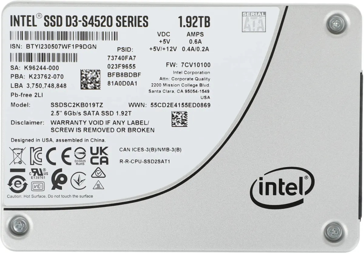 Накопитель SSD Intel D3-S4520 1.92TB SSD 2.5", SATA 3, 550/510, IOPS 91K/38K, MTBF 2M, TLC 8.8PBW SSDSC2KB019TZ01 SSDSC2KB019TZ01