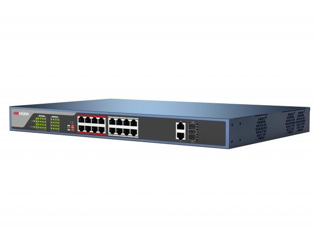 PoE коммутатор Hikvision DS-3E0318P-E 16 RJ45 100M с грозозащитой 4кВ, 1-8 порты с высоким приоритетом; 2 Uplink комбо-порта 1000М DS-3E0318P-E DS-3E0318P-E