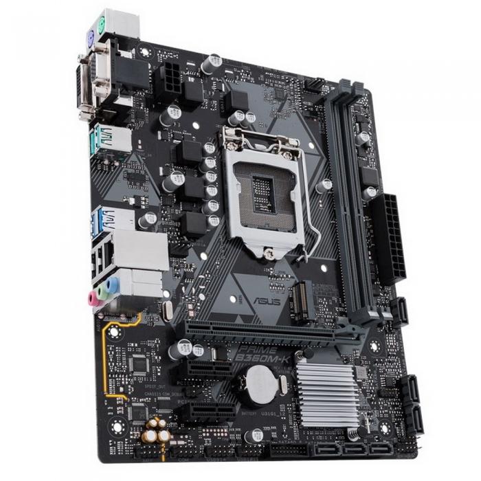 Материнская плата ASUS PRIME B360M-K , RTL {10}, Socket LGA1151 Intel B360 1 слот 16x PCI-E 1x DVI-D, 1x VGA монитор1 Гбит/с MicroATX 2 x DDR4 1 разъем M Key SATA, PCI-E 2242, 2260, 2280 LED-трассировка зоны аудиоподсистемы PRIME B360M-K