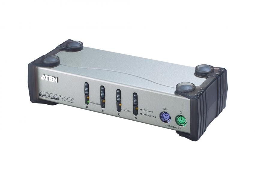 KVM переключатель ATEN VGA/SVGA+KBD+MOUSE, 1> 4 блока/порта PS2, c KVM-шнурами PS/2 2х1.2+2х1.8 м CS84AC-AT CS84AC-AT