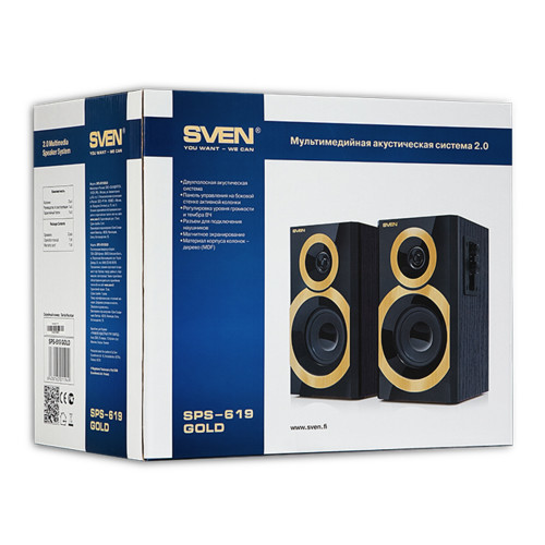 Колонки Sven SPS-619 GOLD, чёрный, 2.0, мощность 2х10 Вт(RMS) SV-0120619GD SV-0120619GD