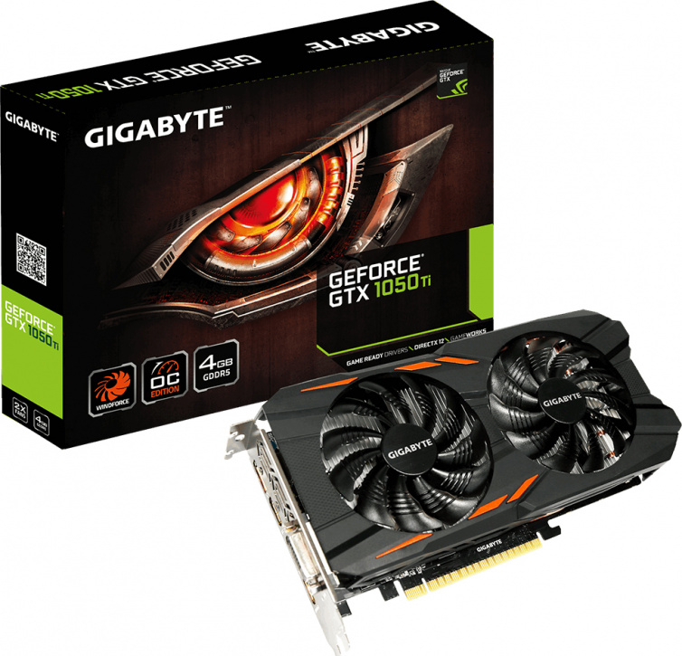Видеокарта  Gigabyte PCI-E nVidia GeForce GTX 1050TI 4096Mb 128bit GDDR5 1328/7008 DVIx1/HDMIx3/DPx1/HDCP Ret GV-N105TWF2OC-4GD GV-N105TWF2OC-4GD
