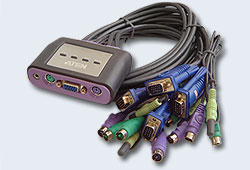 KVM переключатель ATEN VGA/SVGA+KBD+MOUSE, 1> 4 блока/порта PS/2, со встр. KVM-шнурами PS/2 4x1.2м CS64A-A7 CS64A-A7
