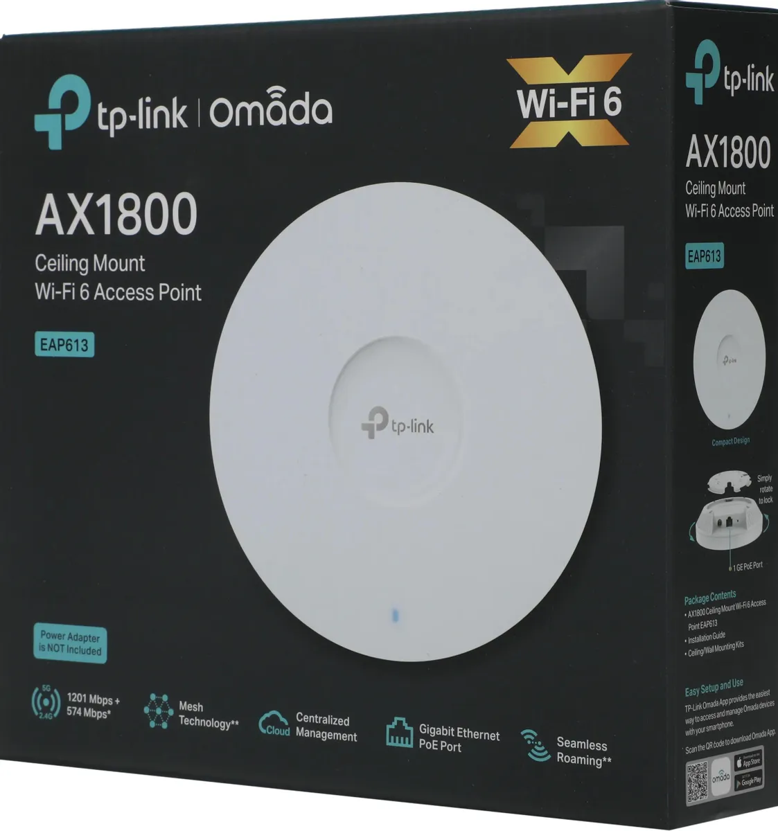 Точка доступа TP-Link EAP613 AX1800 потолочная Wi-Fi 6, 1 гиг. порт RJ45, до 574 Мбит/с на 2,4 ГГц + до 1201 Мбит/с на 5 ГГц, PoE 802.3at, 2 встр.антенны, MU-MIMO, БП нет в комплекте EAP613 EAP613