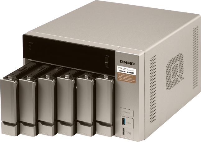 Сетевой RAID-накопитель QNAP 6 отсеков для HDD, 2 слота M.2 SSD, 2 HDMI-порта. AMD RX-421BD 2,1 ГГц (до 3,4 ГГц ), 64 ГБ DDR4 TVS-673-64G TVS-673-64G