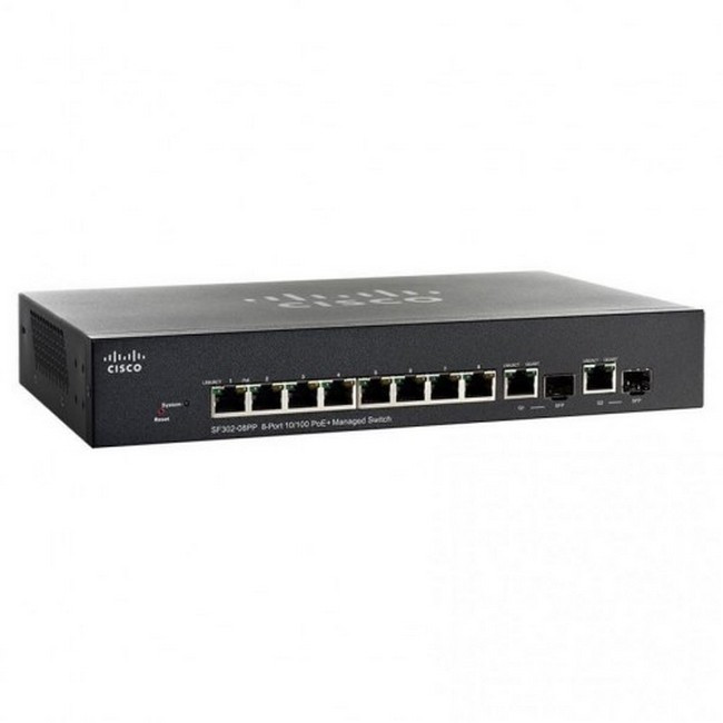Коммутатор Cisco SF302-08PP-K9-EU 8-портовой10/100 PoE управляемый коммутато w/Gig(SF302-08PP-K9-EU) SF302-08PP-K9-EU