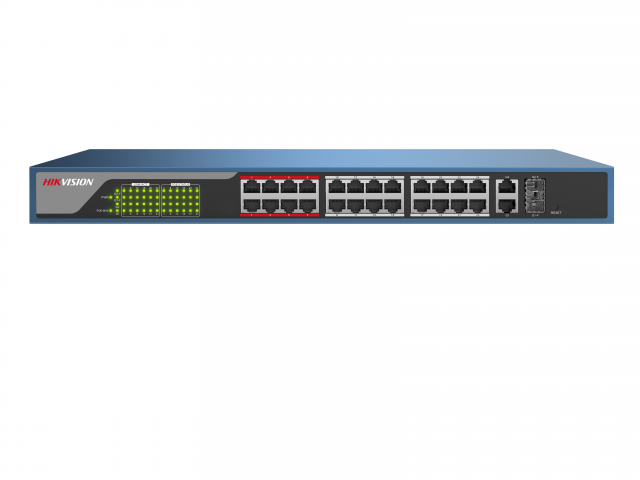 PoE коммутатор Hikvision DS-3E1326P-E 24 RJ45 100M с грозозащитой 4кВ, 1-8 порты с высоким приоритетом; 2 RJ45 1000M PoE; 2 1000М SFP порта DS-3E1326P-E DS-3E1326P-E