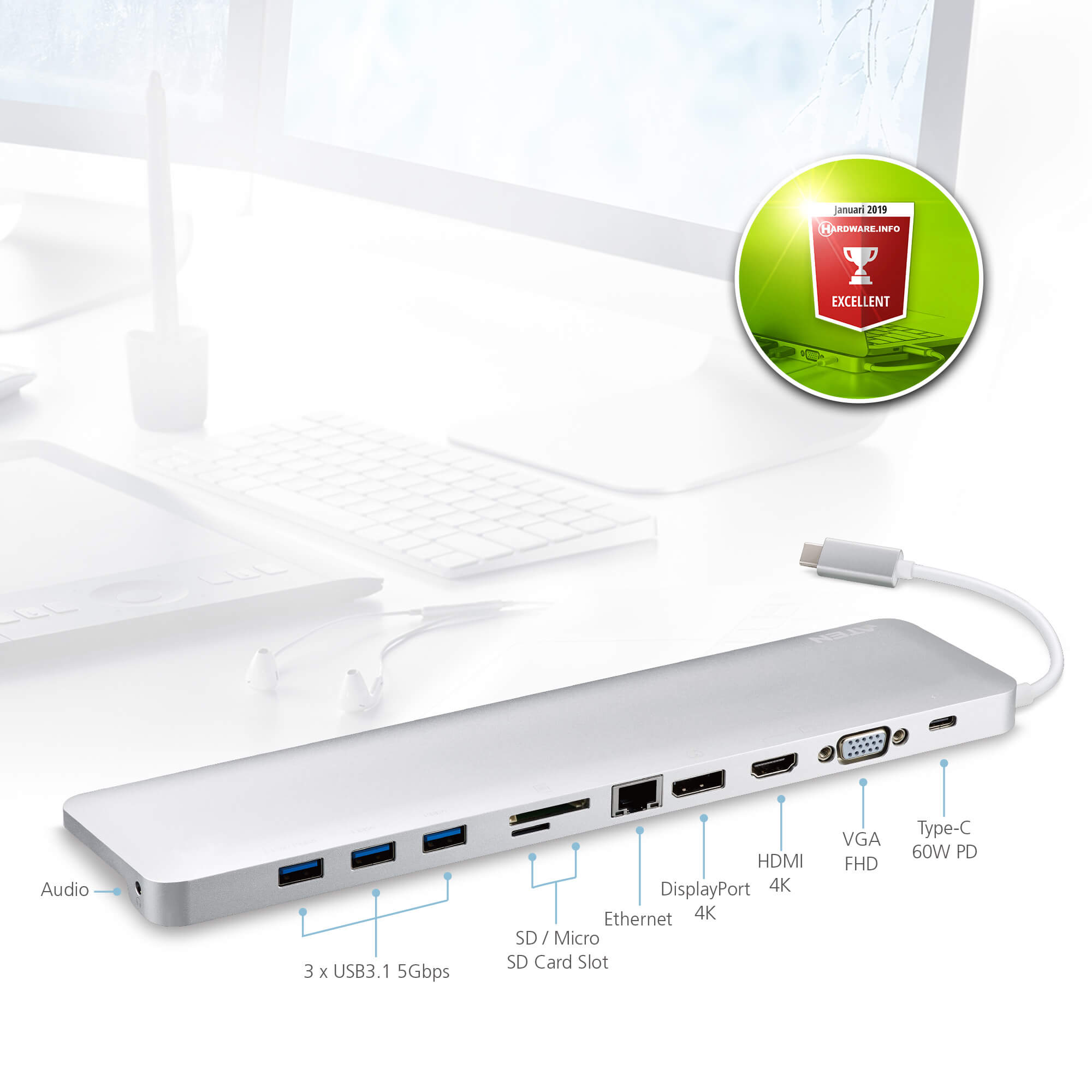 Док-станция ATEN USB-C Multiport Dock with Power Pass-Through UH3234-AT UH3234-AT