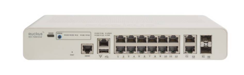 Коммутатор Ruckus ICX 7150 Compact Switch, 12x 10/100/1000 PoE+ ports, 2x 1G RJ45 uplink-ports, 2x 10G SFP, 124W PoE budget, L3 features (OSPF, VRRP, PIM, PBR) ICX7150-C12P-2X10GR ICX7150-C12P-2X10GR