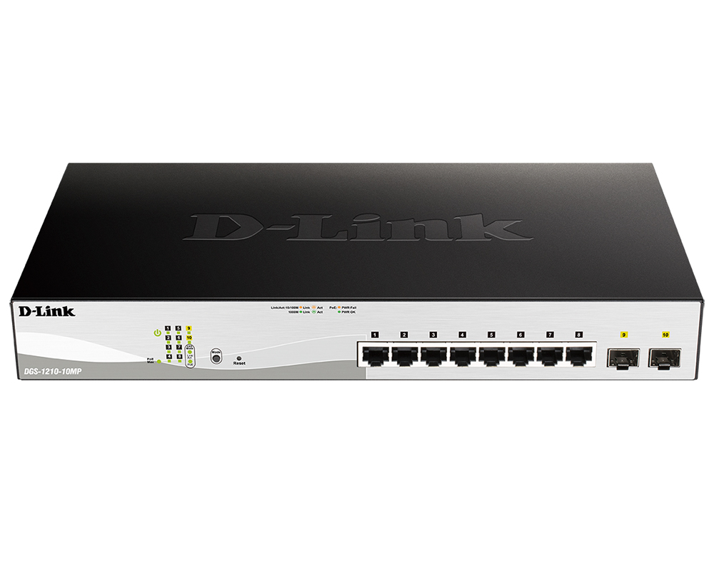 Настраиваемый коммутатор D-Link  WebSmart с 8 портами 10/100/1000Base-T и 2 портами 1000Base-X SFP  DGS-1210-10MP/Комкор DGS-1210-10MP/Комкор(Акадо)