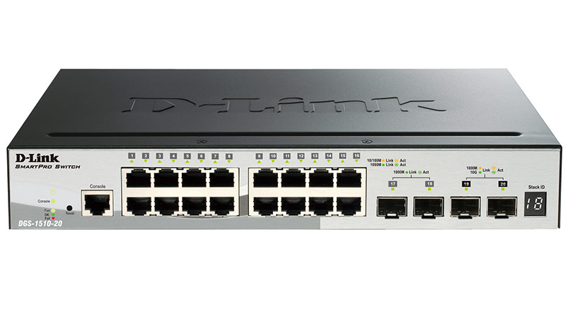 Коммутатор D-Link L2+ Smart Switch with 16 10/100/1000Base-T ports and 2 1000Base-X SFP ports and 2 10GBase-X SFP+ ports DGS-1510-20/A1A DGS-1510-20/A1A