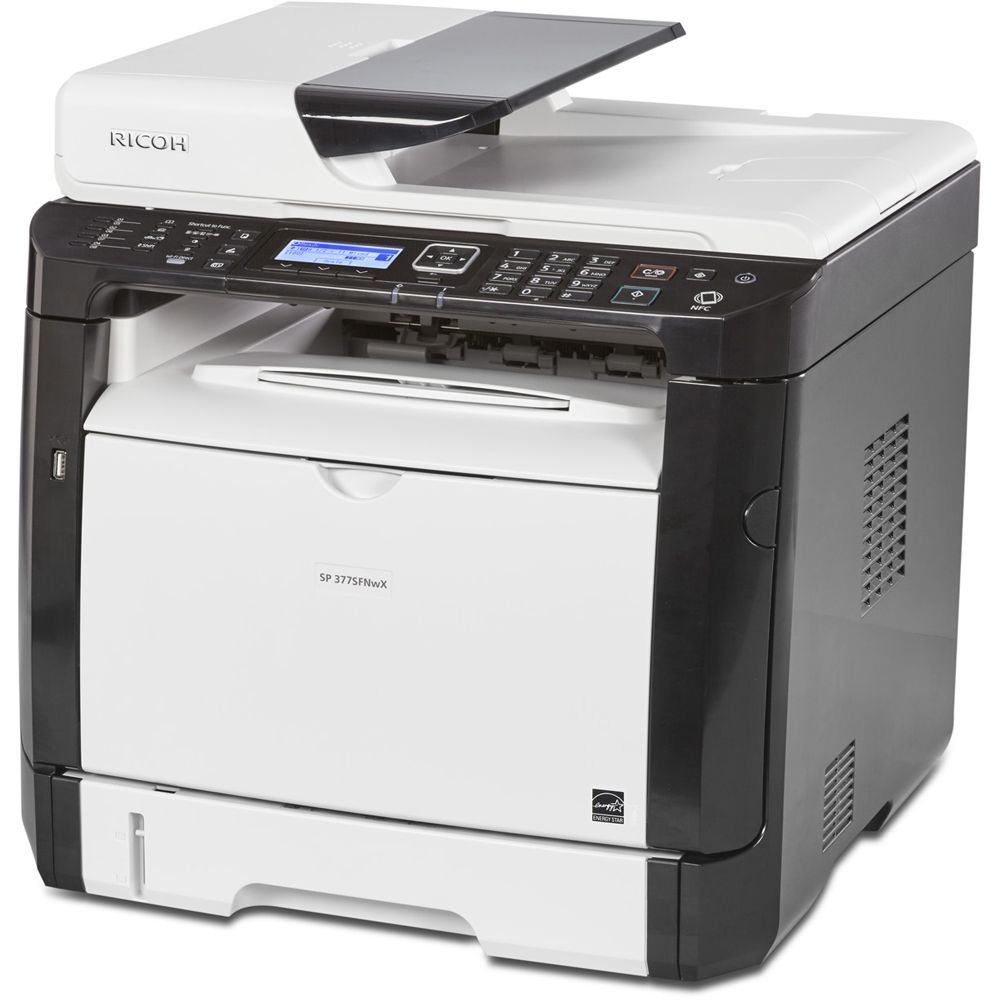 МФУ Ricoh SP 377SFNwX, лазерный A4, 28 стр/мин, 1200x1200 dpi, 128 Мб, ADF, дуплекс, подача: 300 лист., вывод: 50 лист., Ethernet, USB, Wi-Fi, NFC, ЖК-панель (cтарт.к-ж 6400 стр), 408156 408156