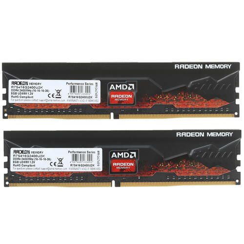 Модуль памяти AMD 16GB Radeon™ DDR4 2400 DIMM R7 Performance Series Black Gaming Memory Non-ECC, CL16, 1.2V, Heat Shield, Kit (2x8GB), RTL R7S416G2400U2K R7S416G2400U2K