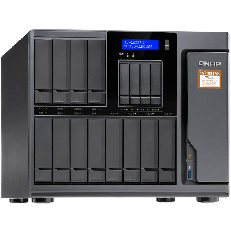 Сетевой RAID-накопитель QNAP 16-Bay Marvell ARMADA 8040 ARMv8 Cortex-A72 quad-core 1.6GHz, 8GB DDR4 Long-DIMM RAM (max 16GB), SATA 6Gb/s, 12x 3.5"/2.5" HDD/SSD bays + 4x 2.5" SSD bays + 2x M.2 2280 SATA slots, 2x 10GbE SFP+ LAN, 2x GbE LAN, 2x PCIe G TS-1635AX-8G